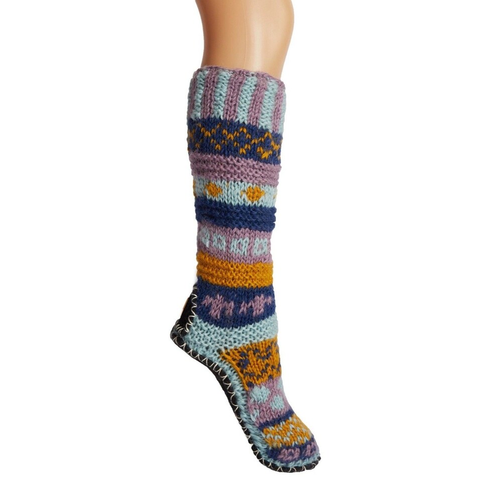 Tibetan Socks Hand Knit Wool Fleece Lined Slipper Non Slip Soles W XS 5-6.5